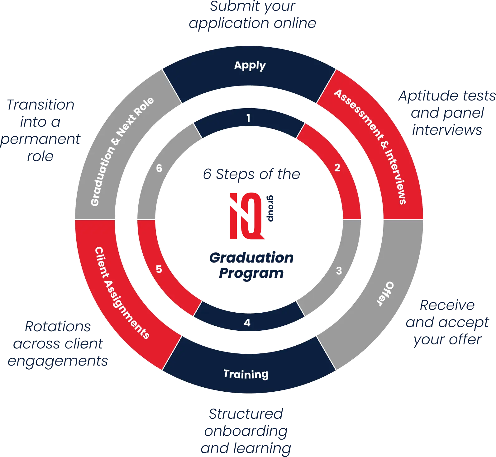 IQ Group graduate program stages infographic showing the structured development pathway for financial services consulting graduates